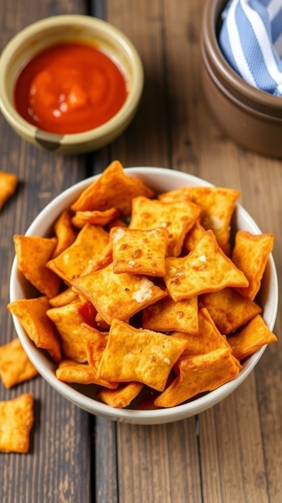 Golden crispy tempeh chips in a bowl with a spicy dipping sauce on a rustic wooden table.